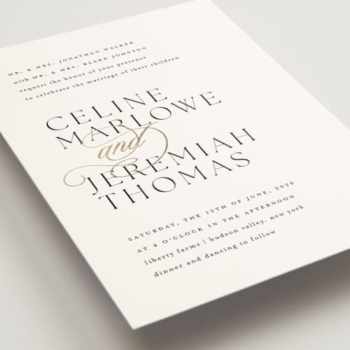 This is a silk foil stamped wedding invitations with foil pressed by Kelly Schmidt called left align printing on signature in standard