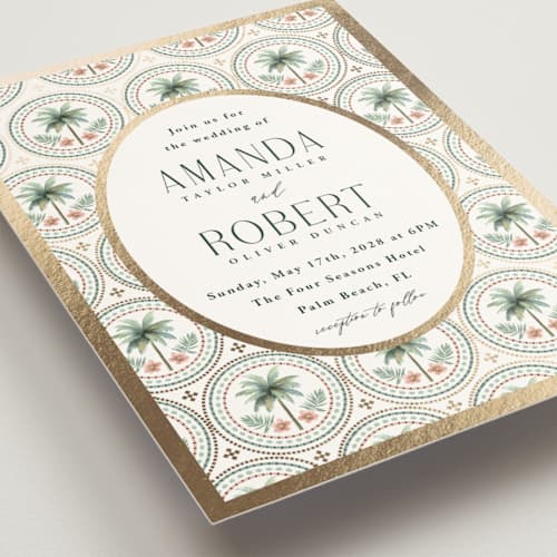 This is a sand foil stamped wedding invitations with foil pressed by Maria Alou called vintage palms printing on signature in standard