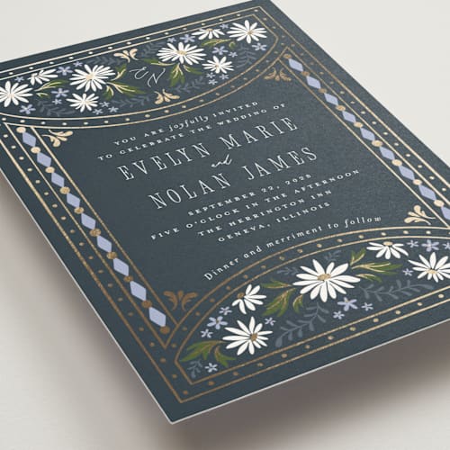 This is a periwinkle foil stamped wedding invitations with foil pressed by Erin German called sadie printing on signature in standard