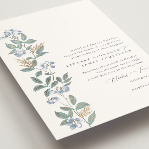 This is a sapphire foil stamped wedding invitations with foil pressed by Olivia Raufman called climbing florals printing on signature in standard
