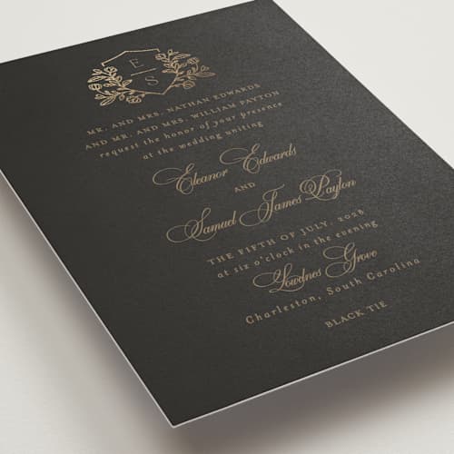 This is a chocolate foil stamped wedding invitations with foil pressed by Mansi Verma called gold crest printing on signature in standard