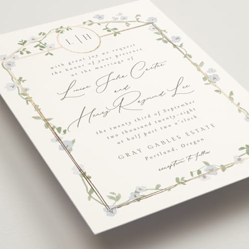 This is a blue bell foil stamped wedding invitations with foil pressed by Everett Paper Goods called portico printing on signature in standard