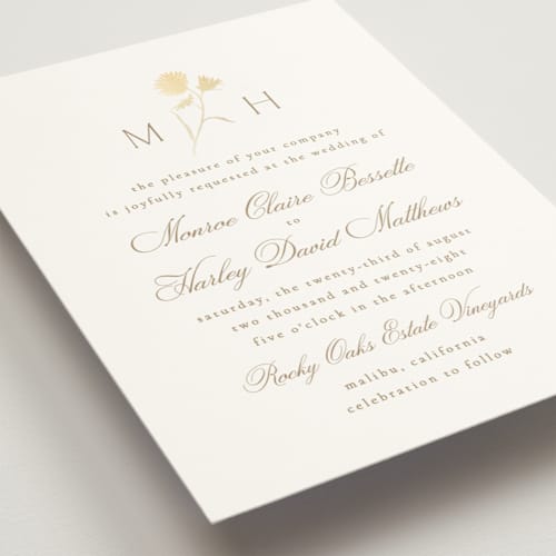 This is a buttercream foil stamped wedding invitations with foil pressed by Kristie Kern called the romantic printing on signature in standard