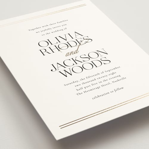 This is a spun sugar foil stamped wedding invitations with foil pressed by Jessica Williams called fineline printing on signature in standard
