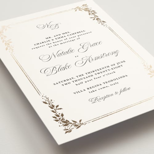 This is a diamond foil stamped wedding invitations with foil pressed by Kate Ahn called lake como printing on signature in standard