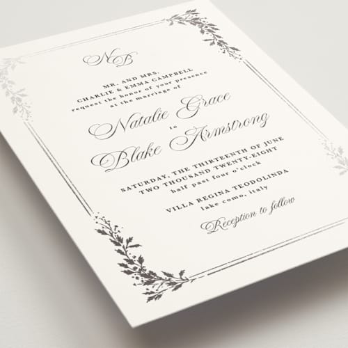 This is a diamond foil stamped wedding invitations with foil pressed by Kate Ahn called lake como printing on signature in standard