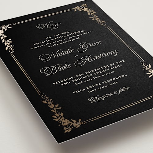 This is a obsidian foil stamped wedding invitations with foil pressed by Kate Ahn called lake como printing on signature in standard