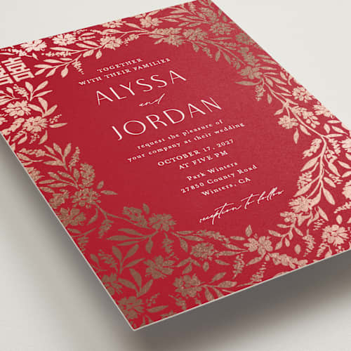 This is a ruby foil stamped wedding invitations with foil pressed by Yaling Hou Suzuki called garden vines printing on signature in standard