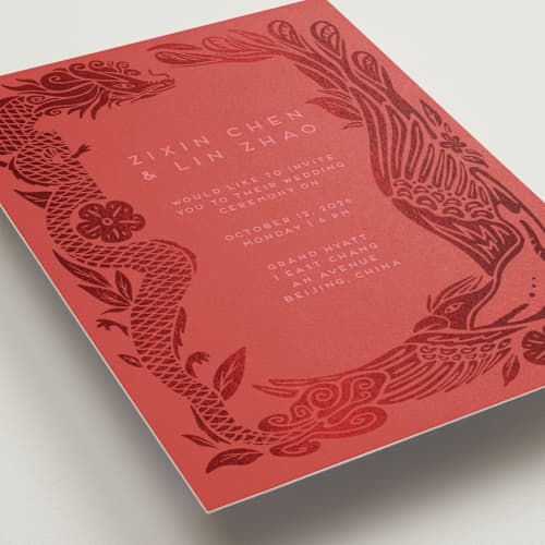 This is a ruby foil stamped wedding invitations with foil pressed by Ghia Designs called fiery printing on signature in standard
