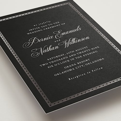 This is a obsidian foil stamped wedding invitations with foil pressed by Deynaaz Daraei called ahlum printing on signature in standard