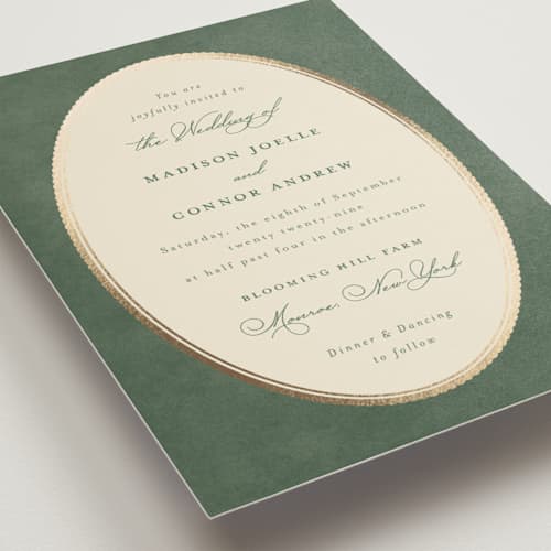 This is a rosemary foil stamped wedding invitations with foil pressed by Emily Betts called vintage oval printing on signature in standard
