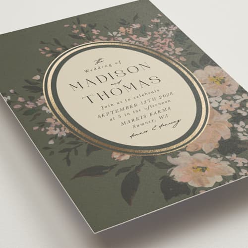 This is a thyme foil stamped wedding invitations with foil pressed by Itsy Belle Studio called madison printing on signature in standard