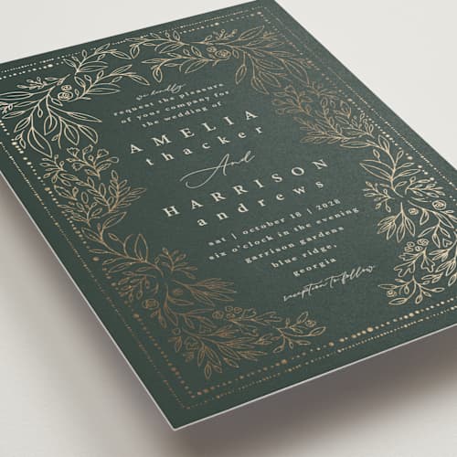 This is a forest foil stamped wedding invitations with foil pressed by Hannah Williams called foil botanical frame printing on signature in standard