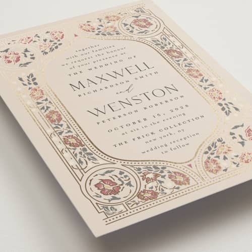 This is a champagne foil stamped wedding invitations with foil pressed by Ana de Sousa called timeless nature printing on signature in standard