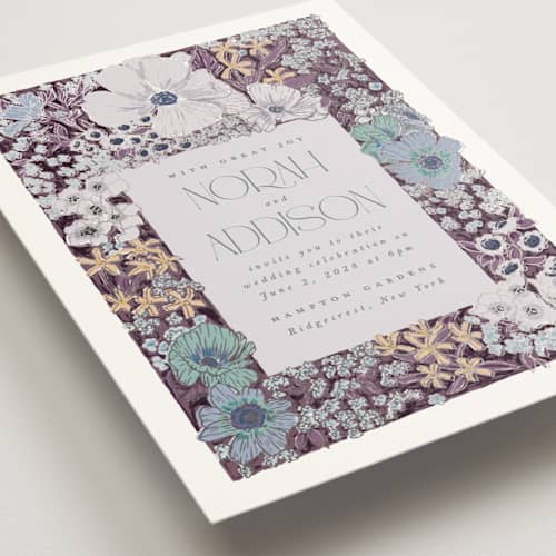 This is a peacock foil stamped wedding invitations with foil pressed by Leah Bisch called in the garden printing on signature in standard