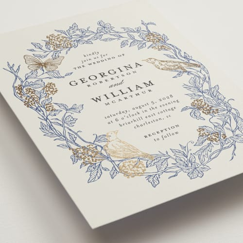 This is a cornflower foil stamped wedding invitations with foil pressed by Grae called meet me in the garden printing on signature in standard