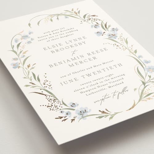 This is a blue bonnet foil stamped wedding invitations with foil pressed by Erin L. Wilson called meadow printing on signature in standard