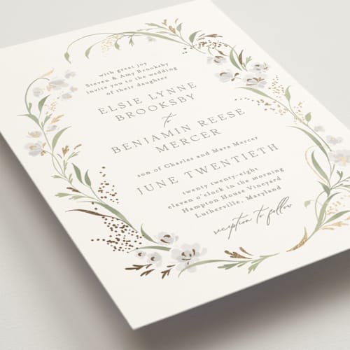 This is a snowdrop foil stamped wedding invitations with foil pressed by Erin L. Wilson called meadow printing on signature in standard