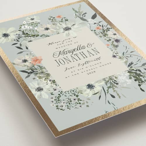 This is a mist foil stamped wedding invitations with foil pressed by Hannah Williams called blue garden printing on signature in standard