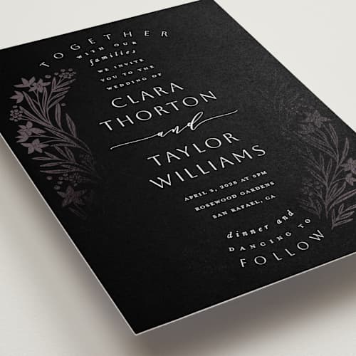 This is a tuxedo foil stamped wedding invitations with foil pressed by Leah Bisch called floral border printing on signature in standard
