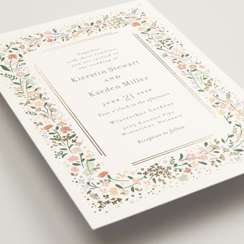 This is a lily foil stamped wedding invitations with foil pressed by Jennifer Wick called esther's garden printing on signature in standard