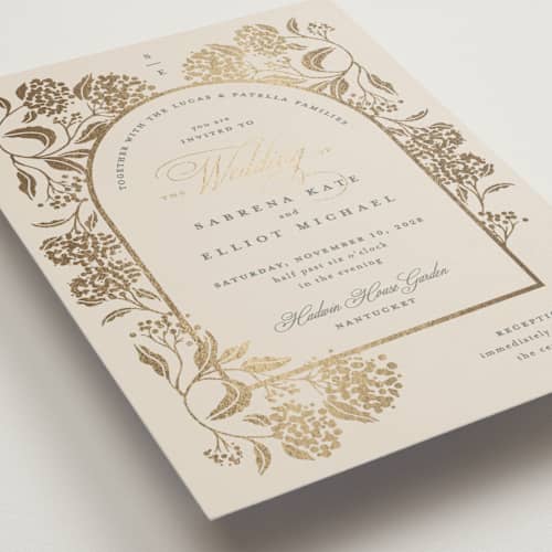 This is a tea time foil stamped wedding invitations with foil pressed by Susan Zinader called shimmering hydrangeas printing on signature in standard