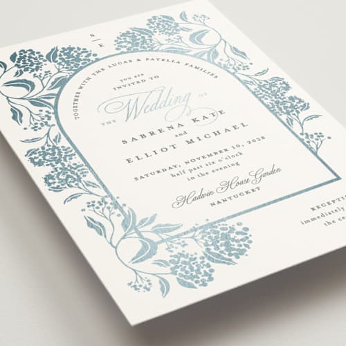 This is a dove foil stamped wedding invitations with foil pressed by Susan Zinader called shimmering hydrangeas printing on signature in standard