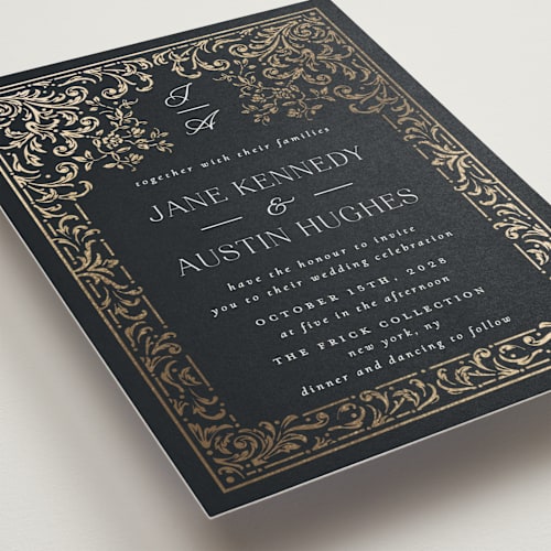 This is a onyx foil stamped wedding invitations with foil pressed by Ana de Sousa called regency grace printing on signature in standard
