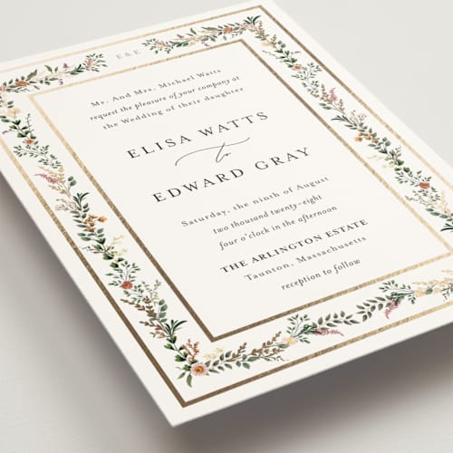 This is a blush foil stamped wedding invitations with foil pressed by Susan Moyal called blooming vine printing on signature in standard
