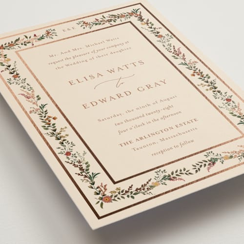 This is a autumn foil stamped wedding invitations with foil pressed by Susan Moyal called blooming vine printing on signature in standard