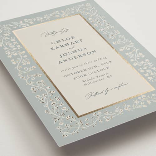 This is a something blue foil stamped wedding invitations with foil pressed by Gwen Bedat called floral romance printing on signature in standard