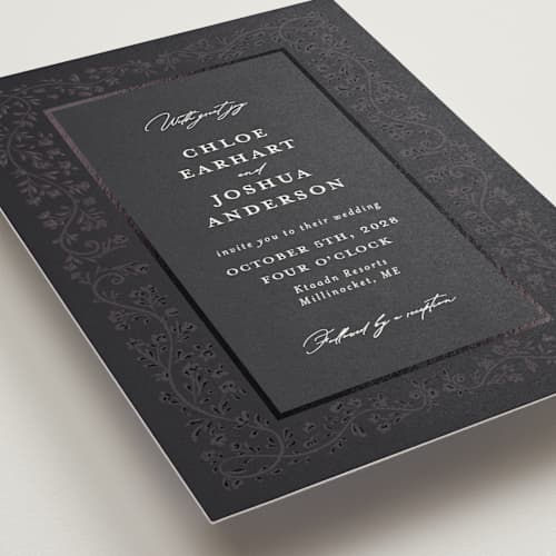 This is a noir foil stamped wedding invitations with foil pressed by Gwen Bedat called floral romance printing on signature in standard
