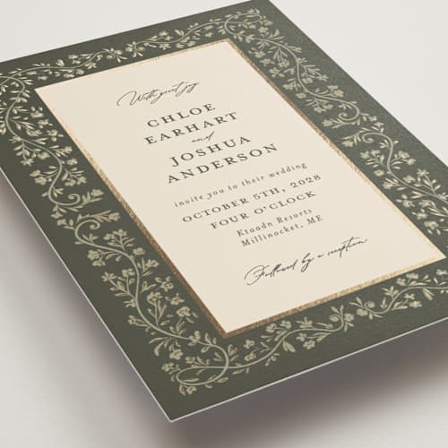 This is a sage foil stamped wedding invitations with foil pressed by Gwen Bedat called floral romance printing on signature in standard