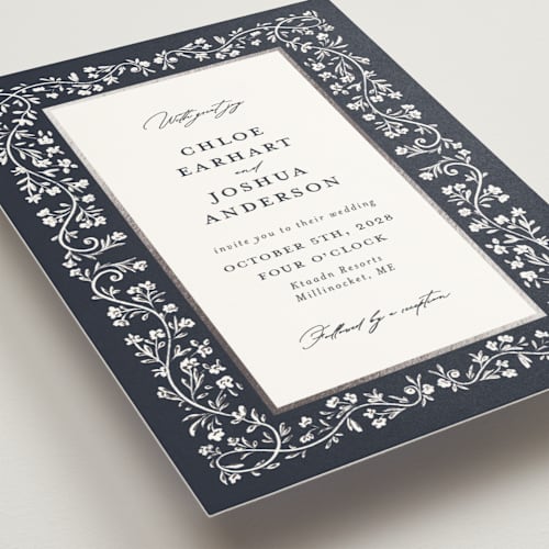 This is a sapphire foil stamped wedding invitations with foil pressed by Gwen Bedat called floral romance printing on signature in standard
