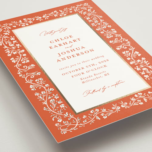 This is a verona sunset foil stamped wedding invitations with foil pressed by Gwen Bedat called floral romance printing on signature in standard