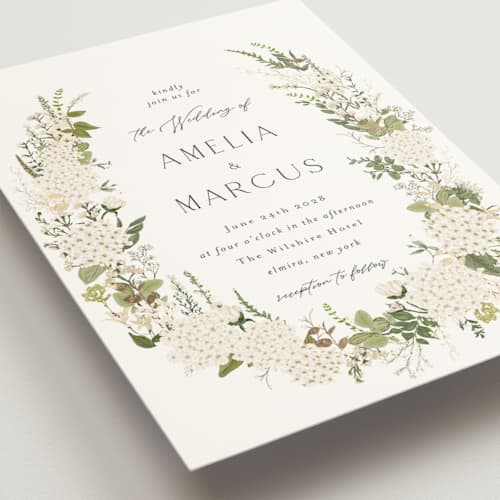 This is a porcelain foil stamped wedding invitations with foil pressed by Susan Moyal called garden whisper printing on signature in standard