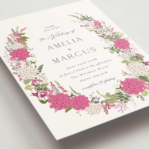 This is a cerise foil stamped wedding invitations with foil pressed by Susan Moyal called garden whisper printing on signature in standard