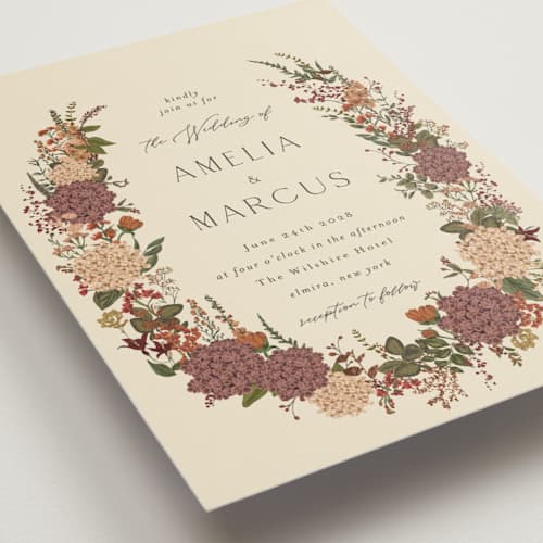 This is a copper foil stamped wedding invitations with foil pressed by Susan Moyal called garden whisper printing on signature in standard