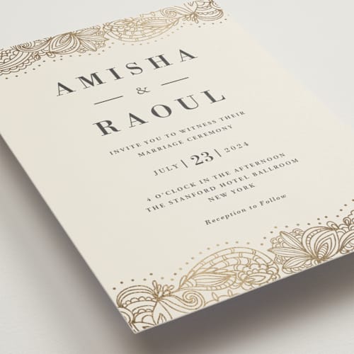 This is a champagne foil stamped wedding invitations with foil pressed by Oma N. Ramkhelawan called elegant henna printing on signature in standard