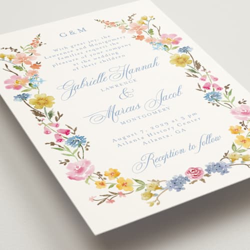 This is a meadow foil stamped wedding invitations with foil pressed by Petra Kern called everlasting romance printing on signature in standard