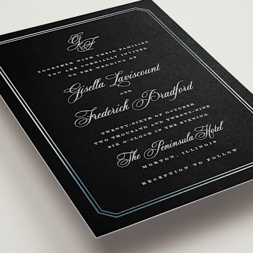 This is a licorice foil stamped wedding invitations with foil pressed by chocomocacino called othellolagkage printing on signature in standard