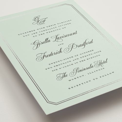 This is a seafoam foil stamped wedding invitations with foil pressed by chocomocacino called othellolagkage printing on signature in standard
