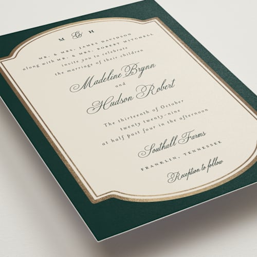 This is a evergreen foil stamped wedding invitations with foil pressed by Emily Betts called arch frame printing on signature in standard