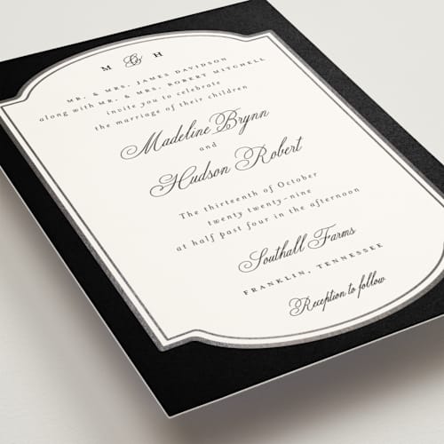 This is a tuxedo foil stamped wedding invitations with foil pressed by Emily Betts called arch frame printing on signature in standard