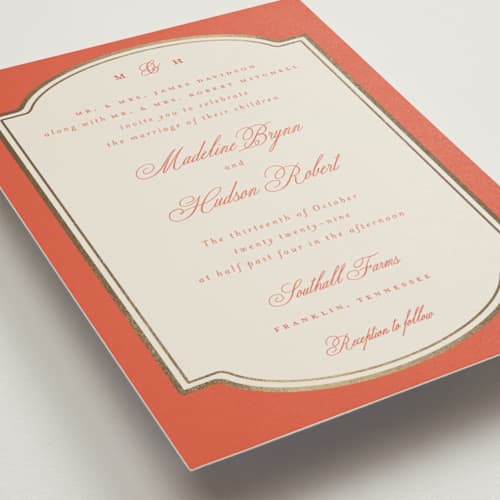 This is a sunset foil stamped wedding invitations with foil pressed by Emily Betts called arch frame printing on signature in standard