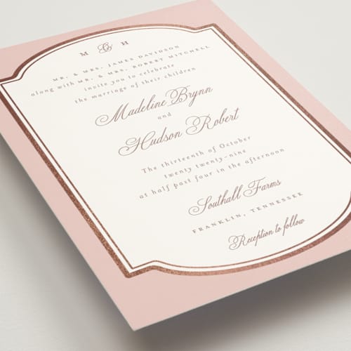 This is a quartz pink foil stamped wedding invitations with foil pressed by Emily Betts called arch frame printing on signature in standard