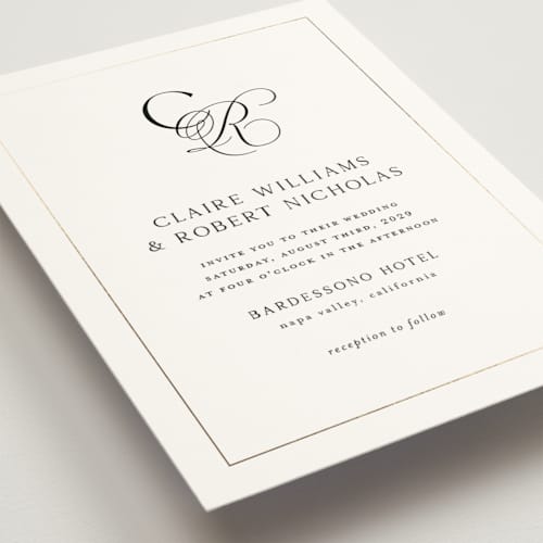 This is a silk foil stamped wedding invitations with foil pressed by Kelly Schmidt called monogram script printing on signature in standard