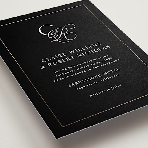 This is a midnight foil stamped wedding invitations with foil pressed by Kelly Schmidt called monogram script printing on signature in standard