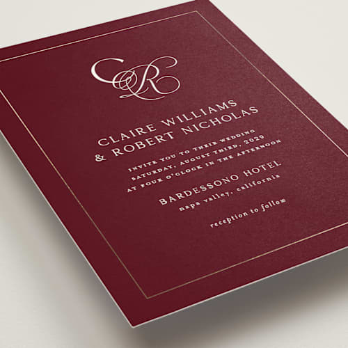 This is a vineyard foil stamped wedding invitations with foil pressed by Kelly Schmidt called monogram script printing on signature in standard