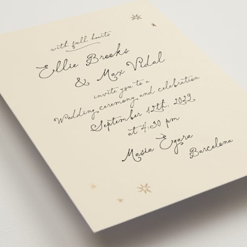 This is a noir foil stamped wedding invitations with foil pressed by Ani Somi called written in the stars printing on signature in standard
